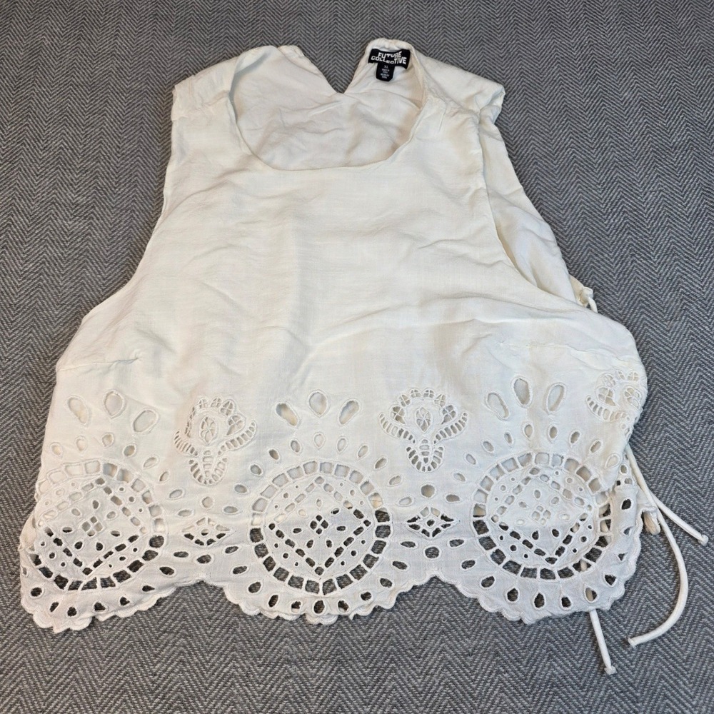 Future Collective White Eyelet Scalloped Hem Side Tie Crop Top XL Sleeveless